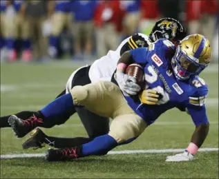  ?? JOHN WOODS, THE CANADIAN PRESS ?? Hamilton’s Osagie Odiase can’t stop Timothy Flanders from running the ball in for the touchdown during the first half of Friday’s game in Winnipeg. The Tiger-Cats went on to down the Blue Bombers 30-13. Visit thespec.com for the game story.