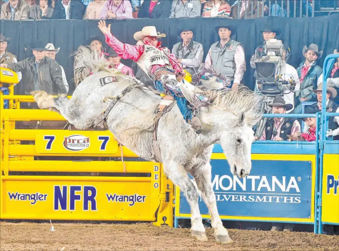  ?? Dan Hubbell PRCA ?? Bareback rider J.R. Vezain competes in Round 5 of the 2017 Wrangler National Finals Rodeo. He suffered a broken back in 2018 during a Texas rodeo.