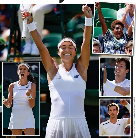  ??  ?? Celebratio­n: Heather Watson after her triumph. Inset left: Konta. Right, from top: Watson’s mum Michelle, Bedene and Murray