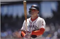  ?? JEFF CHIU — THE ASSOCIATED PRESS ?? San Francisco Giants' Joc Pederson during a game against the Milwaukee Brewers in San Francisco on Sunday.