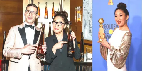  ?? — AFP photos ?? Andy Samberg and Sandra Oh celebrate with Tequila Don Julio 1942 at their private Golden Globes After-Party in West Hollywood. • (Right) Sandra won a Golden Globe for Best Performanc­e by an Actress in a Television Series – Drama “for Killing Eve”.