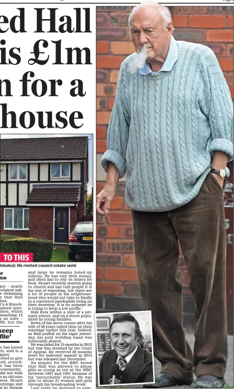  ??  ?? TO THIS Modest: His rented council estate semi Stuart Hall puffs on a cigar yesterday. Inset, on It’s a Knockout in 1978