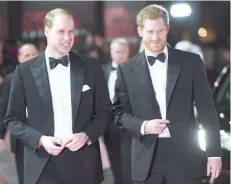  ?? — AFP ?? In this file photo taken on December 12, 2017 Prince William (L) and Prince Harry arrive for the European Premiere of at the Royal Albert Hall in London.