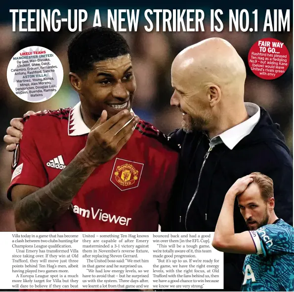  ?? ?? FAIR WAY TO GO... LIKELY TEAMS Rashford
UNITED: has pleased MANCHESTER Ten Hag as
Wan-Bissaka, a fledgling De Gea, No.9 – but adding
Dalot, Kane Lindelof, Shaw, (below)
Fernandes, would leave Casemiro, Eriksen, United’s rivals
Sancho green Antony, Rashford, with
envy
ASTON VILLA:
Konsa,
Martinez, Young,
Mings, Alex Moreno,
Luiz,
Dendoncker, Douglas
Ramsey,
McGinn, Buendia,
Watkins