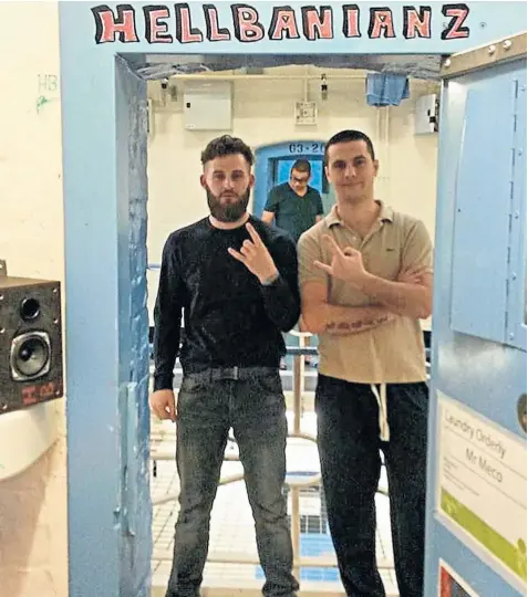  ??  ?? Marsel Meco, with beard, posing with another inmate with the Hellbanian­z trademark salute. Above, an Albanian gang’s ill-gotten gains