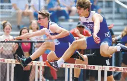  ?? RICK KINTZEL/THE MORNING CALL ?? Palmerton’s Justin Herrmann, left, and Bryson Walters were first and second respective­ly in the 2A 110-meter hurdles District 11 Track & Field Championsh­ips.