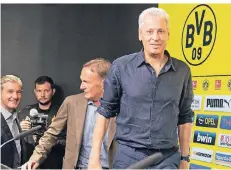  ?? FOTO: DPA ?? Aufmarsch (v.r.): Lucien Favre, Hans-Joachim Watzke, Michael Zorc.