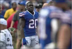  ?? ADRIAN KRAUS - THE ASSOCIATED PRESS ?? Buffalo Bills running back Frank Gore watches from the sideline in the second half of an NFL football game against the New England Patriots, Sunday, Sept. 29, 2019, in Orchard Park, N.Y.