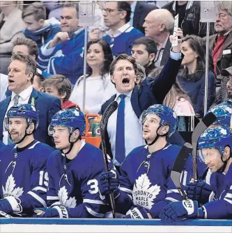  ?? CANADIAN PRESS FILE PHOTO ?? Maple Leafs coach Mike Babcock reacts during third-period round one playoff action against the Boston Bruins in Toronto last Thursday. The Maple Leafs’ season has come down to one game.
