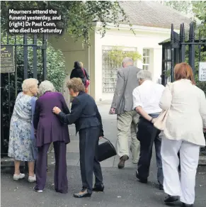  ??  ?? Mourners attend the funeral yesterday, and (right) Dr Paul Conn, who died last Saturday