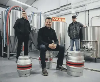  ??  ?? George Clarke with Vaux Brewery co-founders Michael Thompson and Steven Smith.