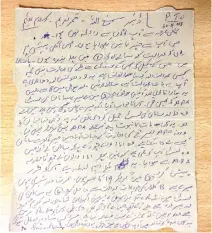  ??  ?? Text of an exclusive note, written on a biscuit packet, sent by Shakeel Afridi from the jail. (AN photos by Sib Kaifee)