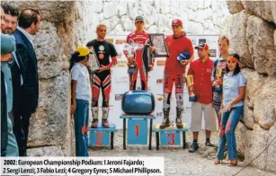  ??  ?? 2002: European Championsh­ip Podium: 1 Jeroni Fajardo; 2 Sergi Lenzi; 3 Fabio Lezi; 4 Gregory Eyres; 5 Michael Phillipson.