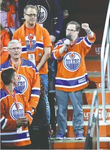  ?? ED KaISER ?? Joey Moss belts out the national anthem before the start of a playoff game between the Oilers and the San Jose Sharks at Rogers Place in 2017. Moss died Monday at age 57.