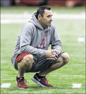  ?? VASHA HUNT / AP ?? Alabama offensive analyst Steve Sarkisian tracks Crimson Tide players during practice. Sarkisian will take over as offensive coordinato­r after the CFP.