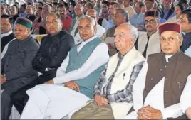  ?? HT PHOTO ?? (From right) Former chief minister Prem Kumar Dhumal, BJP senior leader Shanta Kumar, governor Acharya Devvrat, chief minister Jai Ram Thakur and former chief minister Virbhadra Singh during the ‘Sarvdaliya Shok Sabha’ in Shimla on Wednesday.