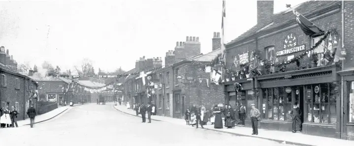  ??  ?? Banners in Hurdsfield Road celebratin­g the opening of Victoria Park in the 1890s
