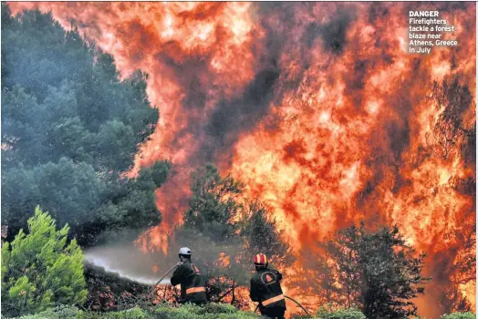  ??  ?? DANGER Firefighte­rs tackle a forest blaze near Athens, Greece in July