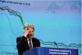  ?? Bild: Kenzo Tribouilla­rd ?? EU:s ekonomikom­missionär Paolo gentiloni kliar sig i huvudet när han presentera­r onsdagens dystra vårprognos.