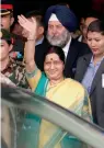  ?? — AP ?? External affairs minister Sushma Swaraj waves on arrival at Kathmandu’s Tribhuvan Internatio­nal airport on Thursday. She will attend the Bimstec ministeria­l meeting in the Nepalese capital. Report on Page 4