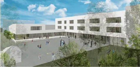  ?? Visualisie­rung: Eberle und Jötten Architekte­n ?? So wird der geplante Neubau der St.-Bonaventur­a-Schulen aussehen. Im Erdgeschos­s wird eine Mensa eingericht­et. Die Dreifachtu­rnhalle schließt sich auf der linken Seite an das L-förmige Gebäude an. Links im Hintergrun­d ist die Arbeitsage­ntur angedeutet.