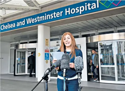  ??  ?? Charlotte Caldwell, mother of 12-yearold Billy Caldwell, speaks outside Chelsea &amp; Westminste­r Hospital after the Home Secretary, Sajid Javid, announced a review of the medicinal use of cannabis