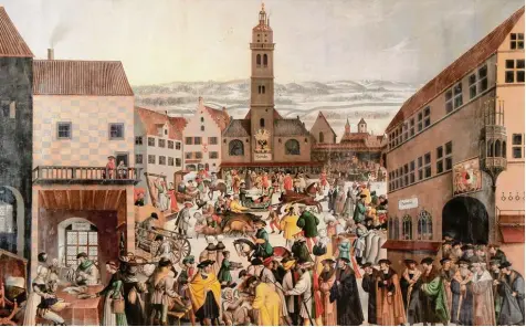  ?? Foto: Kunstsamml­ung und Museen Augsburg, Bestand Maximilian­museum ?? Augsburg war im frühen 16. Jahrhunder­t eine Reichsstad­t voller Bürgerstol­z und Handelsleb­en, wie das quirlige Gemälde „Der Rathauspla­tz im Winter“zeigt, wohl von Hein rich Vogtherr d. J. um 1540 geschaffen.