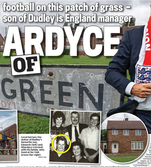  ??  ?? Local heroes: the statue of Dudley’s favourite son, Edwards (left) and Allardyce (circled) with his family, who lived at No 1 Ash Green (far right)