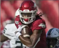  ?? (NWA Democrat-Gazette/Ben Goff) ?? Sophomore receiver Trey Knox is among Arkansas players who have expressed trust and respect for Coach Sam Pittman going into the first season with him at the helm. “He’s definitely a player’s coach,” Knox said.