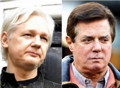  ?? Agence France-presse ?? This combinatio­n of pictures shows a file photo taken on May 19, 2017 of Wikileaks founder Julian Assange (left) at the Embassy of Ecuador in London, and former Donald Trump presidenti­al campaign manager Paul Manafort at Yankee Stadium on October 17, 2017 in New York.