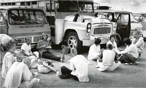  ?? Houston Chronicle file photos ?? A group of Hare Krishnas gather in the Astrodome parking lot during Millennium ’73.