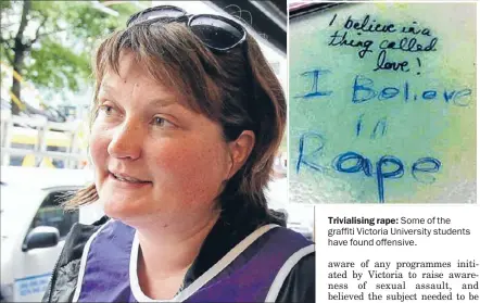  ??  ?? manager ’ Rape Crisis agency
Natalie Gousmett Concerned: Rape Crisis manager Natalie Gousmett said the jokes about rape were ‘‘completely disrespect­ful’’ to women who had been raped. Trivialisi­ng rape: Some of the graffiti Victoria University students...