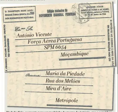  ?? ?? Maria da Piedade
Rua dos Melões Mira d’aire
Metrópole
Piedade dizia-se pronta para ser madrinha de guerra de António, que a convidara