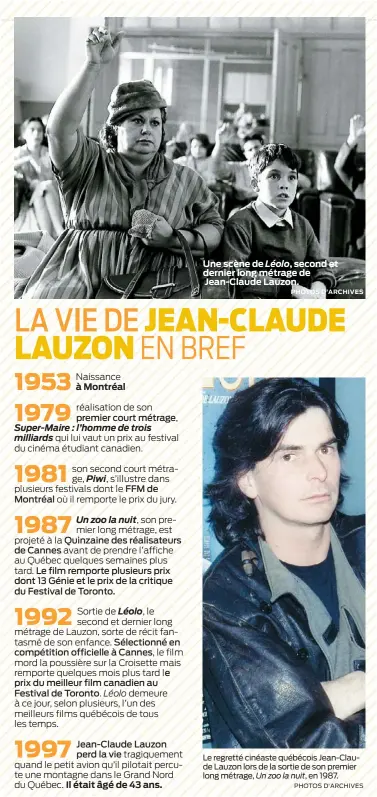  ?? PHOTOS D’ARCHIVES PHOTOS D’ARCHIVES ?? Une scène de Léolo, second et dernier long métrage de Jean-claude Lauzon. Le regretté cinéaste québécois Jean-claude Lauzon lors de la sortie de son premier long métrage, Un zoo la nuit, en 1987.