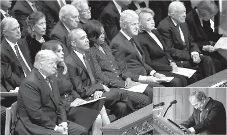  ?? Reuters, AFP-Yonhap ?? U.S. President Donald Trump with first lady Melania Trump, former President Barack Obama, former first lady Michelle Obama, former President Bill Clinton and former first lady Hillary Clinton, former President Jimmy Carter and first lady Rosalynn Carter attend the state funeral for former U.S. President George H.W. Bush at the Washington National Cathedral in Washington, Wednesday. Inset: Former U.S. President George W. Bush becomes emotional as he speaks at the funeral for his father, George H.W. Bush.