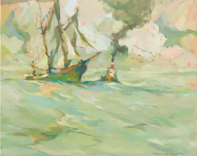  ??  ?? Armin Hansen (1886-1957), Towboat Longside. Oil on board, 18¼ x 22¼ in. Estimate: $50/70,000