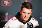  ?? CHRIS UNGER — GETTY IMAGES ?? Brock Purdy of the San Francisco 49ers speaks to the media during San Francisco 49ers media availabili­ty ahead of Super Bowl LVIII at Hilton Lake Las Vegas Resort and Spa on Tuesday in Henderson, Nev.