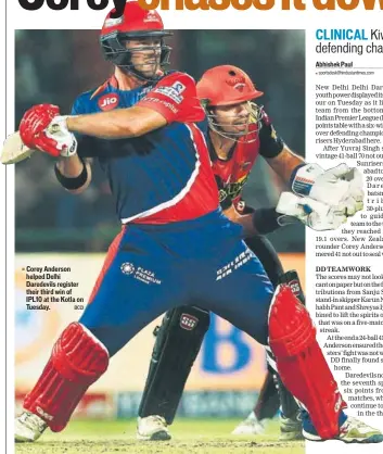  ?? BCCI ?? Corey Anderson helped Delhi Daredevils register their third win of IPL10 at the Kotla on Tuesday.