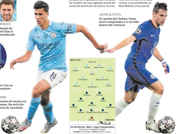  ??  ?? RODRI
Extensión de técnico en el campo, fue petición expresa de Guardiola
AZPILICUET­A
El capitán del Chelsea. Suma nueve temporadas y es un líder dentro del vestuario