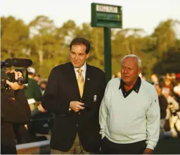 ??  ?? Jim Nantz with Arnold Palmer at the 2007 Masters [above], and with Nick Faldo and Jack Nicklaus [right] in the broadcast booth at the Memorial Tournament in 2016