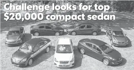  ?? EVAN SEARS, CARS. COM ?? Cars in the challenge, clockwise from bottom center ( white car): Subaru Impreza; Nissan Sentra SV; Kia Forte LX; Ford Focus S; Toyota Corolla LE Eco; Honda Civic LX; and Hyundai Elantra GLS.