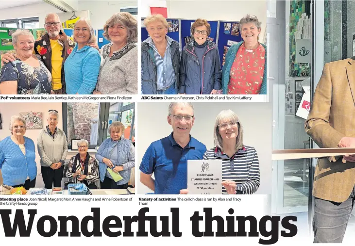  ?? ?? Meeting place Joan Nicoll, Margaret Moir, Anne Haughs and Anne Robertson of the Crafty Hands group
ABC Saints Charmain Paterson, Chris Pickthall and Rev Kim Lafferty
Variety of activities The ceilidh class is run by Alan and Tracy Thom