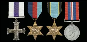  ??  ?? MEDALS Military Cross, 1939-45 Star, Air Crew Europe Star, War Medal 1939-45