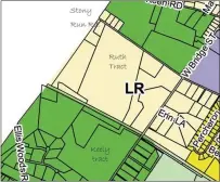  ?? IMAGE COURTESY OF JEANNE DAMON ?? A developer’s proposal to create new zoning for the 66-acre Ruth tract, shown in tan and bordered by Stony Run Road and West Bridge Street, was rejected Wednesday by township supervisor­s.