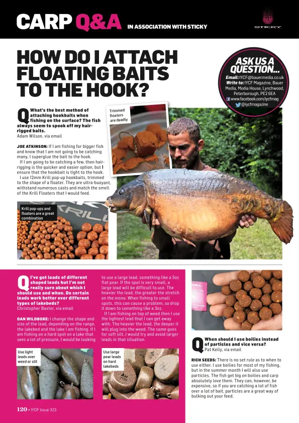  ??  ?? Trimmed floaters are deadly Use large pear leads on hard lakebeds Use light leads over weed or silt Krill pop-ups and floaters are a great combinatio­n