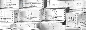  ??  ?? A SNEAK PEAK INSIDE SILVER VAULT BRICKS: Pictured left reveals the valuable .999 pure fine silver bars inside each State Silver Vault Brick. Pictured right are the State Silver Vault Bricks containing the only U.S. State Silver Bars known to exist with...