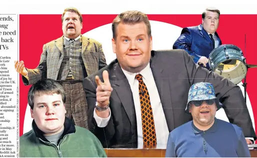  ?? ?? Marmite man: clockwise from far left: Corden in Fat Friends, One Man, Two Guvnors, The Late Late Show, Telstar: The Joe Meek Story, and backstage at Glastonbur­y; left, Carpool Karaoke with guest Michelle Obama