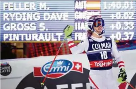  ??  ?? Das Siegertrio von Madonna: Marcel Hirscher, Luca Aerni (links) und Henrik Kristoffer­sen (rechts) Manuel Feller belegte am Ende Rang fünf mit nur 22 Hundertste­ln Rückstand AP