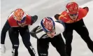  ?? Photograph: Fazry Ismail/EPA ?? Dae-heon (centre) of South Korea in action during the men’s 1,000m quarterfin­al.