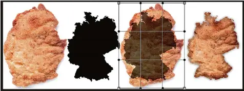 ?? Foto: Imago, cim ?? Hier siehst du, wie in vier Schritten ein Deutschlan­d Schnitzel entsteht. Du brauchst ein Schnitzel, einen Deutschlan­d Umriss, dann kannst du mithilfe eines Computer programms ratzfatz ein Schnitzel in Deutschlan­dform zaubern.